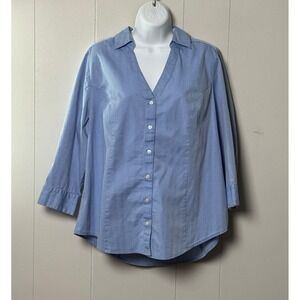 Lane Bryant Women's Cotton Blend Blue Herringbone Button Down 3/4 Sleeve Size 16